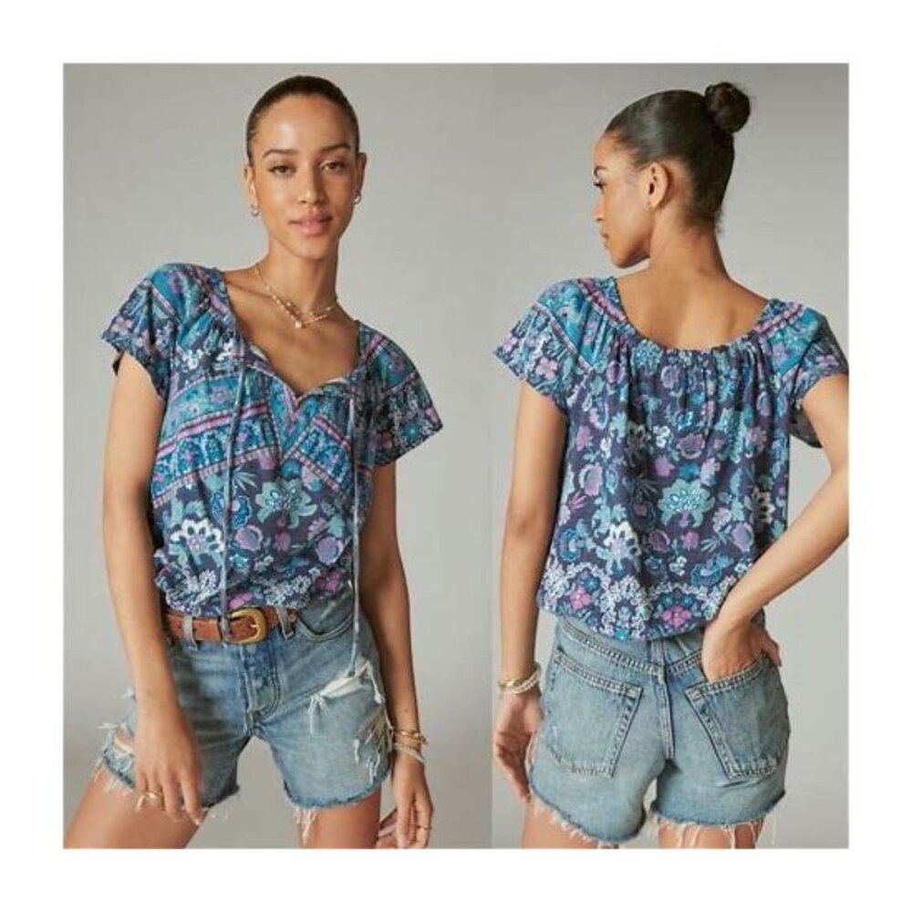 Lucky Brand Blue Printed Peasant Bubble Top Size XL- EUC